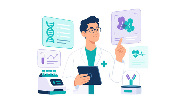 Scientist in lab examining dna and medical equipment.