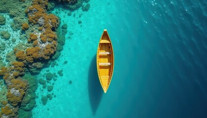 Obraz premium Yellow wooden boat floats on clear turquoise ocean water. Top down aerial view shows coral reef structures near rocky island shore. Calm sea, sunny day, paradise vacation.