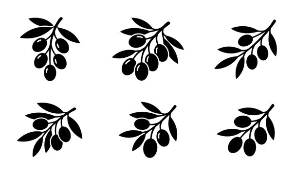 Olive Branch Icons, Black Silhouette Vector Graphics, Mediterranean Food & Nature Elements, Simple Organic Sprigs