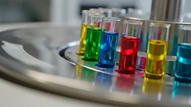 An innovative process for pharmacogenomic drug matching unfolds as vibrant synthetic fluids rotate slowly inside a high precision centrifuge during a meticulous pharmaceutical analysis sequence