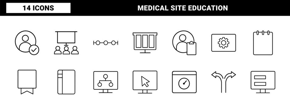 Medical education line icon set. Vector pictograms of clinical, training, compliance, and operational elements, thin linear illustration.