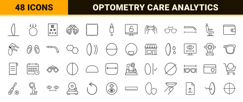 Vision care line icon set. Vector pictograms of prescription lens order, optometry equipment, eyewear customization, and optical retail elements, thin linear illustration.