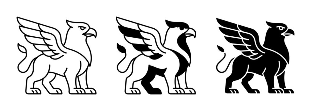 Mythical Griffin Icons, Heraldic Creature Vector Set, Majestic Eagle Lion Symbol Collection