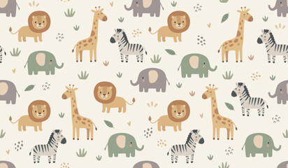 Fototapeta premium Seamless Safari Animals Pattern with Lion, Elephant, Giraffe and Zebra - Cute Nursery Wildlife Repeat Background for Textile and Wallpaper Design
