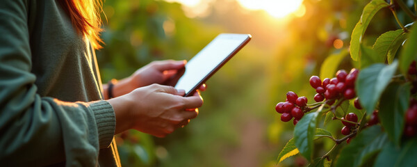 Obraz premium Woman uses tablet computer in coffee plantation during sunset. Person checks crop data on mobile device near red coffee berries. Technology aids sustainable farming practices and harvest monitoring.