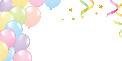 Pastel balloon border frame with colorful swirling ribbons and gold stars on white background party supply balloons confetti background celebration decoration birthday template greeting © jr graphics