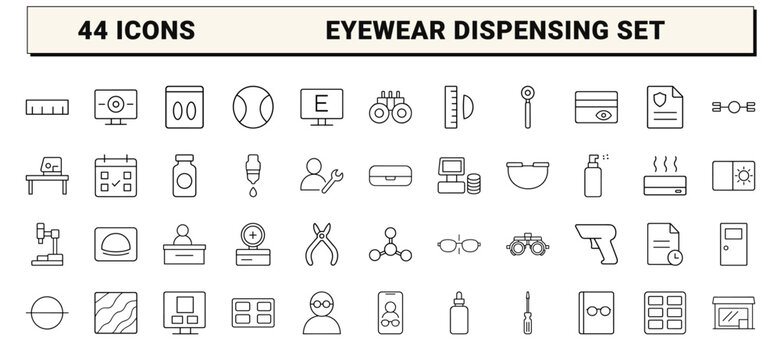 Optical shop workflow line icon set. Vector pictograms of optometry clinic, eyewear dispensing, lens laboratory, and retail management elements, thin linear illustration.