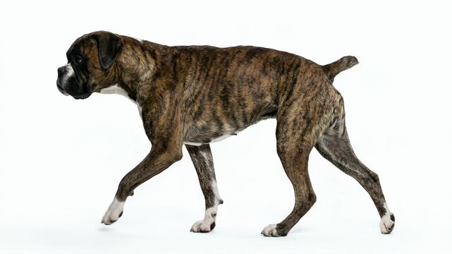 Brindle boxer dog with white markings standing on plain white background in profile