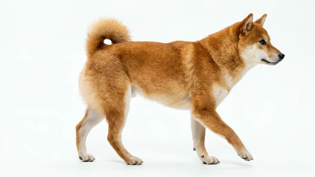 Shiba Inu dog with distinctive fox-like features stands on white background in profile