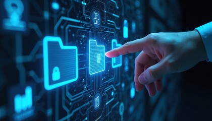 Naklejka premium Hand interacts with futuristic digital interface accessing secure cloud data. Glowing blue icons of folders and locks signify data management and online protection for future tech.