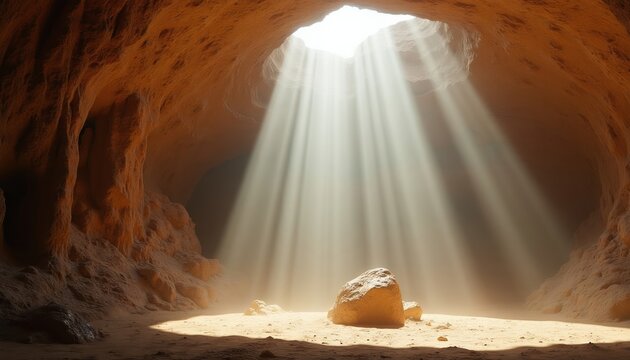 Sun rays pierce cave roof illuminating sandy interior. Natural rock formations create dramatic light shafts. Peaceful, ancient cavern scene with dramatic light and shadow play.