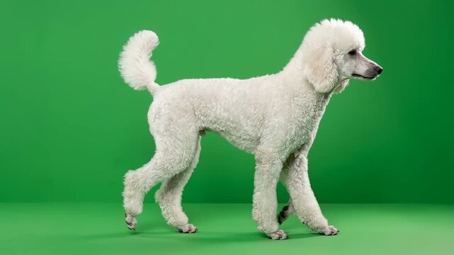 White poodle dog with curly fur walking on green background in studio setting