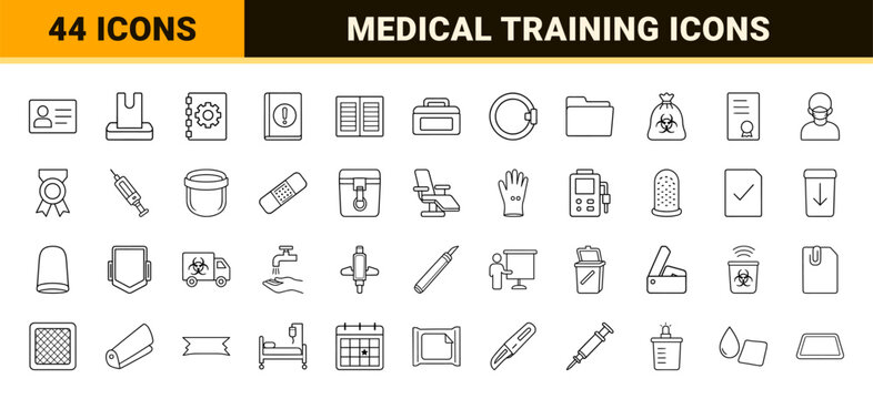 Needlestick prevention training line icon set. Vector pictograms of medical safety, sharps disposal, clinical education, and infection control elements, thin linear illustration.