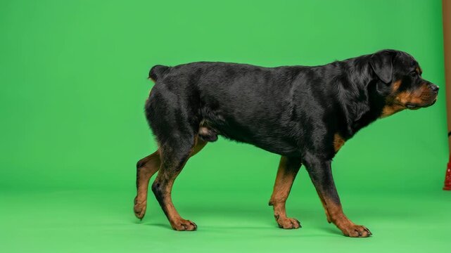 Rottweiler dog with distinctive black and brown coat standing on green background in profile