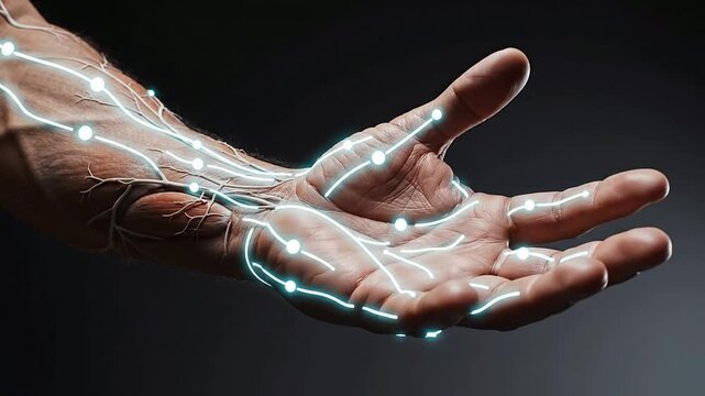 Close-Up Of A Human Hand With Glowing Neural Network Patterns Against A Dark Background, Symbolizing Technology And Human Connection