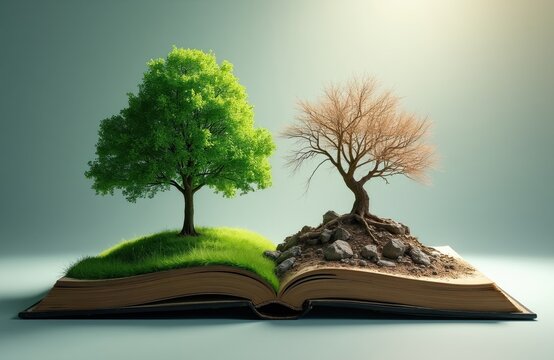 Open book displays vibrant green tree on lush grass next to barren dying tree on rocky ground. Symbolizes nature cycle growth decay contrasting life and death.