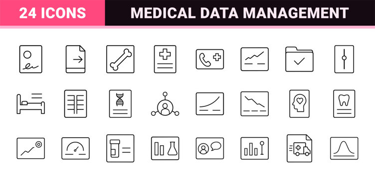 Digital health record line icon set. Vector pictograms of electronic medical records, clinical workflows, patient data management, and healthcare informatics elements, thin linear illustration.