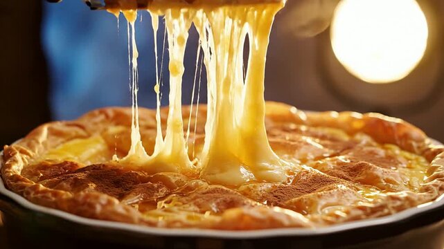 Close-Up Of Delicious Cheesy Baked Pastry Being Served With Gooey Melted Cheese Pulling Apart Against A Warm Amber Background