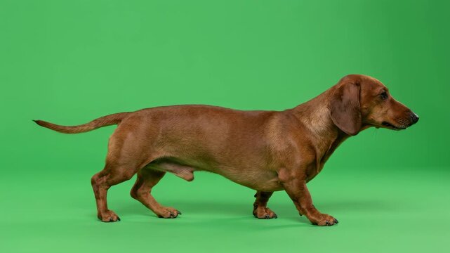 Brown dachshund dog with floppy ears standing on green background in profile view