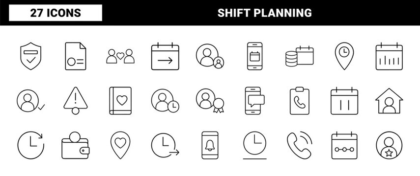 Caregiver shift planning line icon set. Vector pictograms of scheduling, medical staffing, home care, and workforce management elements, thin linear illustration.