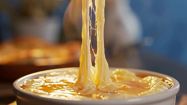 Close-Up of Gooey Melted Cheese Being Pulled with Fork from Delicious Dish in Culinary Background, Showcasing Stretchy Texture and Creamy Consistency
