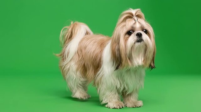 Shih tzu dog with long tan and white fur stands on green background calmly