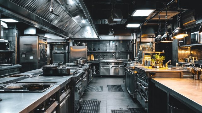 Modern stainless steel commercial kitchen. Artificial intelligence image
