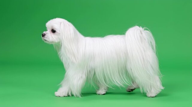 White Maltese dog with long hair standing on green background looking sideways calmly