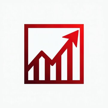 Red chart arrow points upward inside square frame. Represents financial growth and business success. Trend increase concept symbol. Minimalist graphic design.