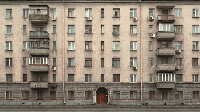 Urban soviet-era apartment facade in grayscale. Artificial intelligence image
