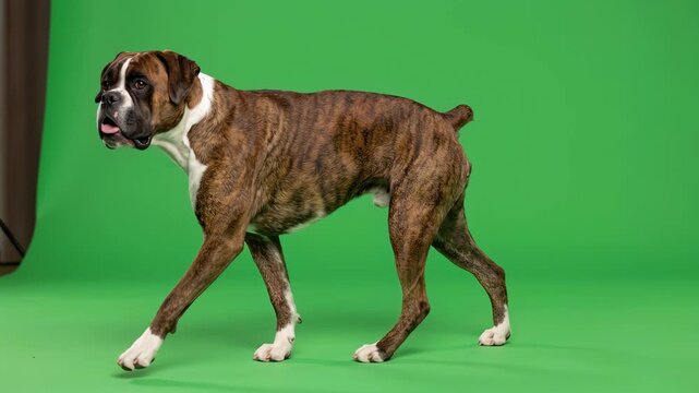 Brindle boxer dog with white markings standing on green background in studio
