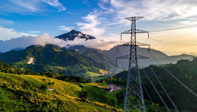 tall metal electricity pylon against a misty mountain landscape at sunrise, with green hills covered in trees and yellow flowers