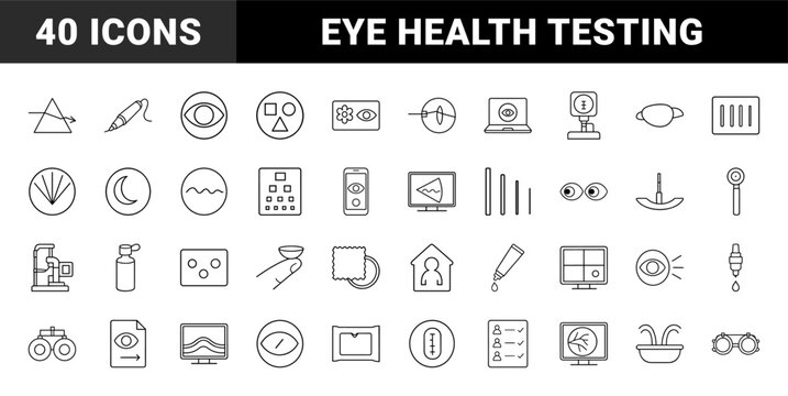 Eye health screening line icon set. Vector pictograms of vision testing, clinical examination, optometry diagnostics, and ophthalmology equipment elements, thin linear illustration.