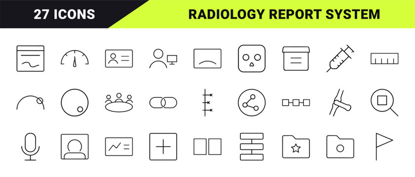 Imaging report workflow line icon set. Vector pictograms of radiology, diagnostic, clinical, and data elements, thin linear illustration.