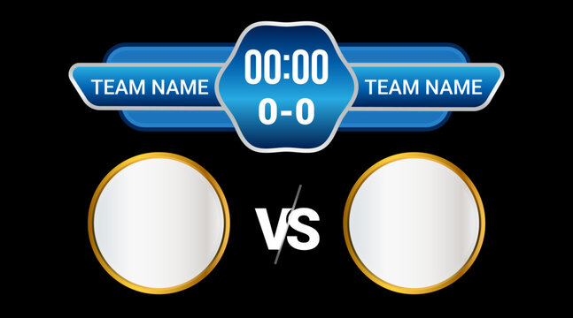 Scoreboard template for sports games with team name placeholders and timer, versus screen background.
