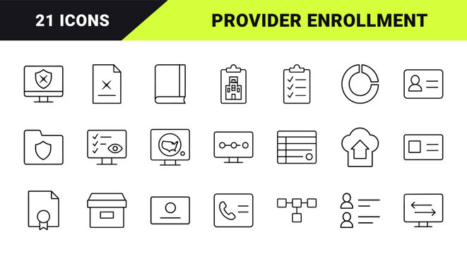 Provider enrollment workflow line icon set. Vector pictograms of credentialing, onboarding, healthcare compliance, and payer network elements, thin linear illustration.