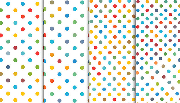 Set of four seamless patterns featuring colorful scattered dots and small squares on white backgrounds, playful and abstract design elements