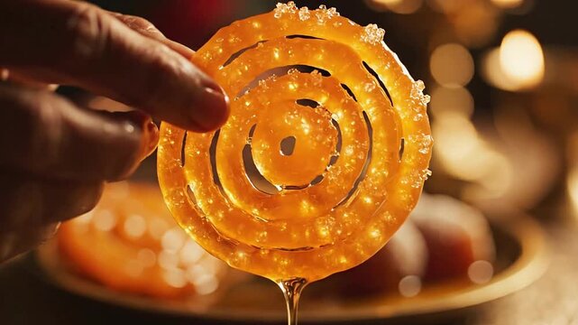 Golden Spiral-Shaped Dessert Handpicked From Ornate Plate With Glistening Sweets In Warm Ambient Light