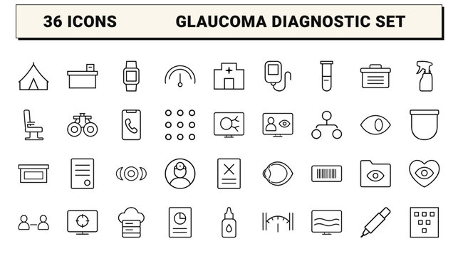 Glaucoma screening line icon set. Vector pictograms of medical, diagnostic, ophthalmology, and healthcare elements, thin linear illustration.