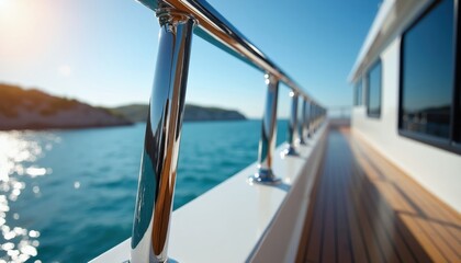 Fototapeta premium Polished metal railing on a yacht deck. Sun shines on the calm ocean water and distant island. Clean white boat hull and wood deck. Clear blue sky.