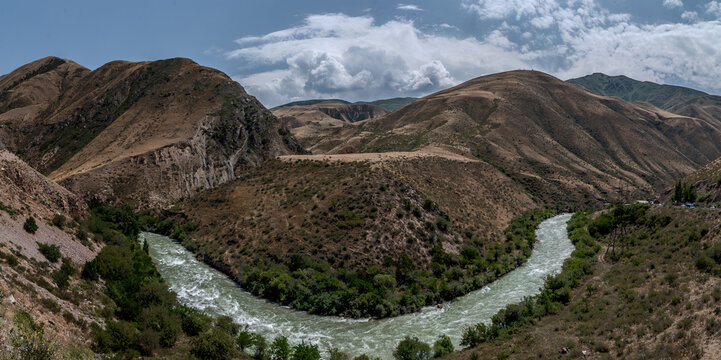 Chui River Horseshoe Bend In Kyrgyzstan Mountains
