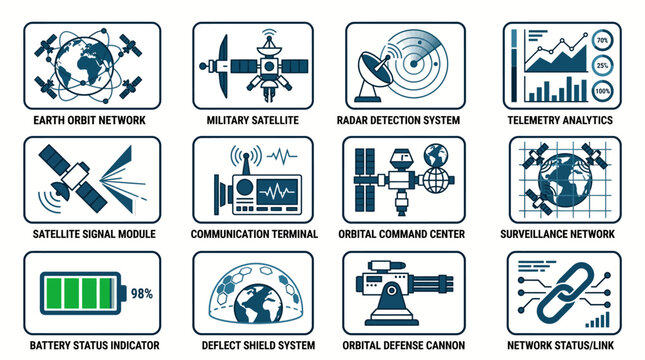 Futuristic Space Defense UI Icons and Sci-Fi Military HUD Dashboard Vector Set