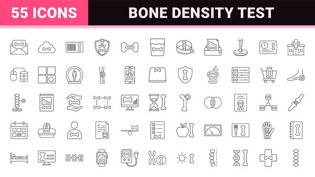 Medical bone density scan line icon set. Vector pictograms of diagnostic screening, orthopedic health, bone mineral density, and osteoporosis prevention elements, thin linear illustration.