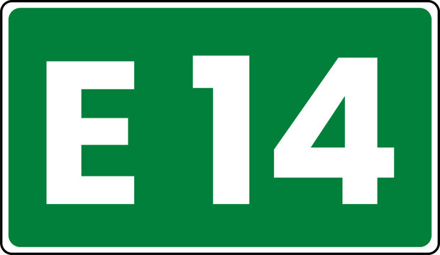 European route marker sign showing E14, Green european route E14 Sign
