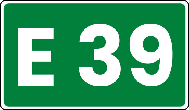 European route marker sign showing E39, Green european route E39 Sign