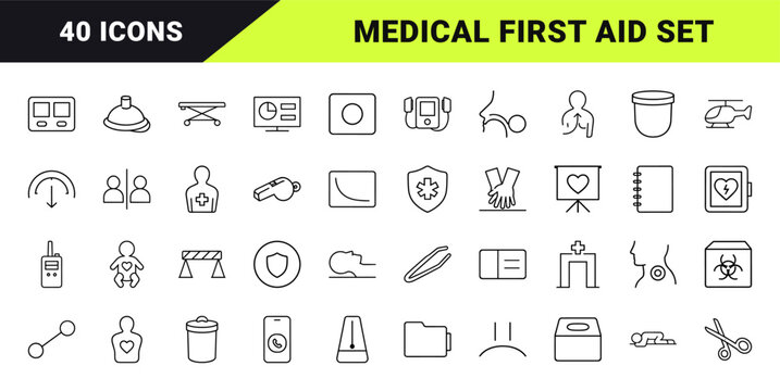Basic life support training line icon set. Vector pictograms of cpr mannequin, defibrillator device, emergency response, and first aid elements, thin linear illustration.