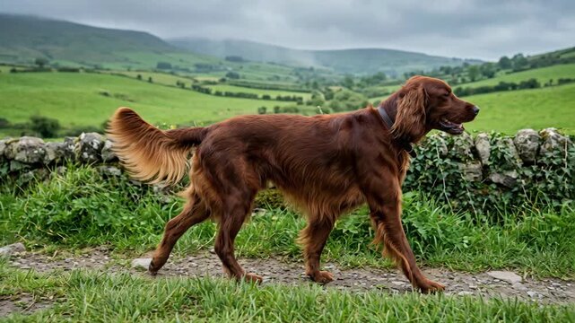 irish setter dog with long reddish-brown fur walking on grassy path rural landscape background