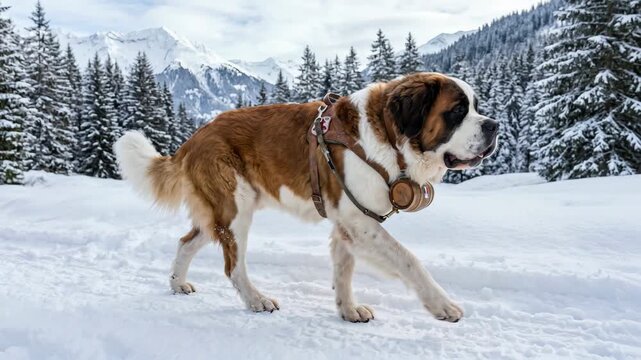 Large brown and white Saint Bernard dog walking in snowy mountain landscape with harness