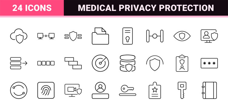 Health data security line icon set. Vector pictograms of medical compliance, healthcare privacy, information protection, and secure infrastructure elements, thin linear illustration.