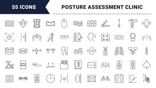 Posture assessment clinic line icon set. Vector pictograms of spinal health, ergonomic screening, chiropractic alignment, and physical therapy elements, thin linear illustration.